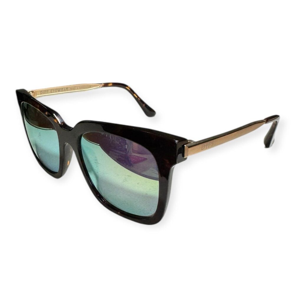 DIFF Bella Oversized Polarized Sunglasses Green Mirrored Lens Gold‎ Frames